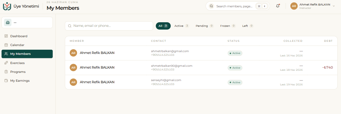 Staff portal › My Members: only the members assigned to them, with status and collection info