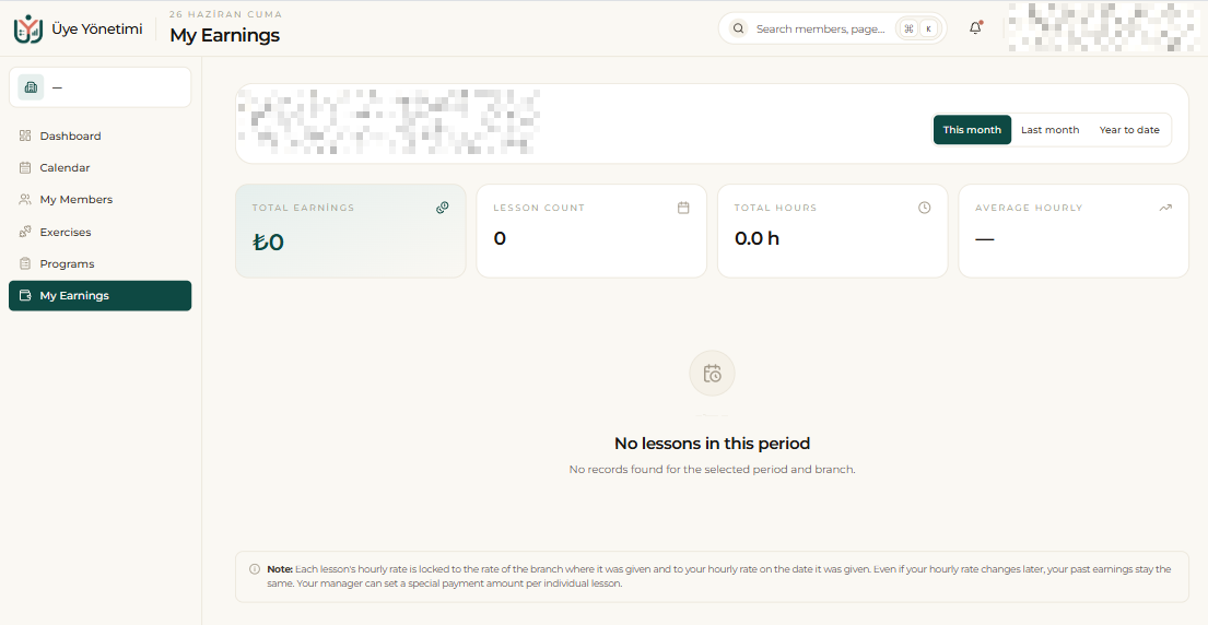 Staff portal › My Earnings: total earnings, lesson count, total hours and average hourly