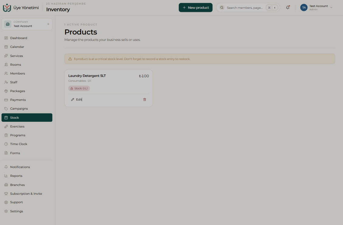 The Inventory page: product cards with a critical-stock warning banner