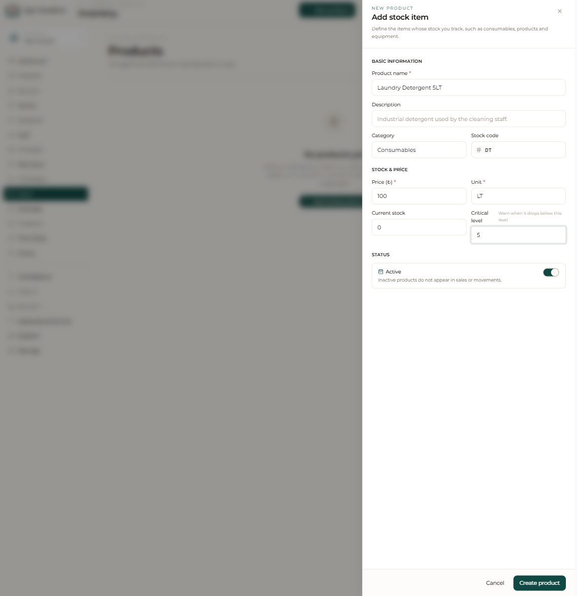 “Add stock item” drawer: name, category, price, unit, current stock and critical level