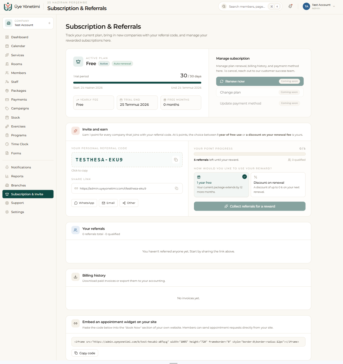 Subscription & Referrals: current plan, manage subscription, referral code and billing history