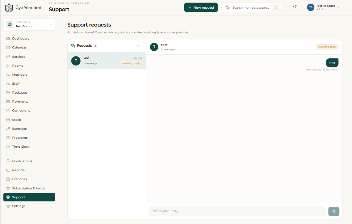 The Support screen: open a request and chat with our team in a thread