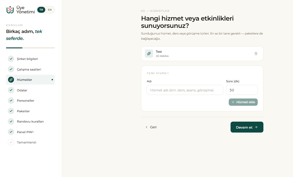 Kurulum sihirbazı, adım 3: sunduğunuz hizmetleri / aktiviteleri ekleyin (ayrıntılı kullanım için “Hizmetler” sayfasına bakın)