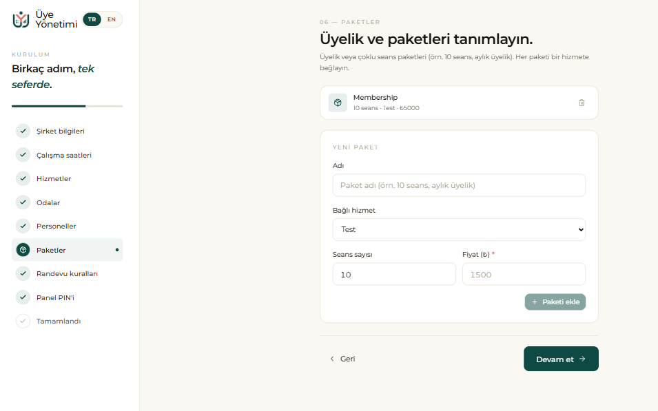 Kurulum sihirbazı, adım 6: üyelik ve paketleri tanımlayın, her birini bir hizmete bağlayın