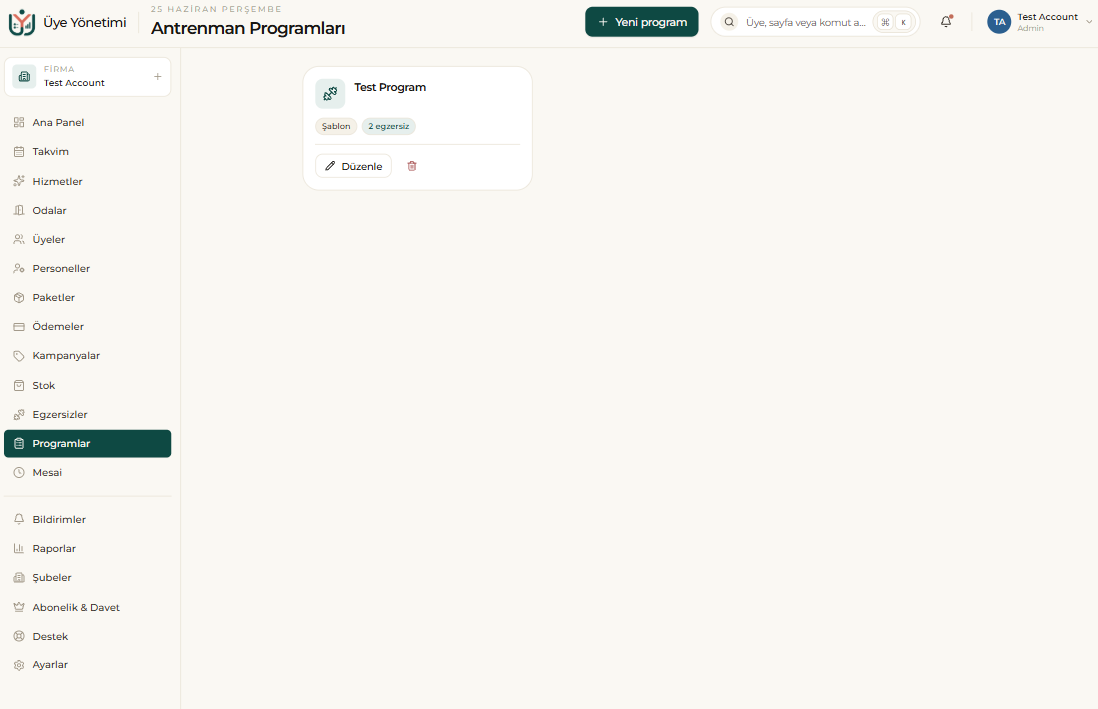Antrenman Programları sayfası: şablon ve egzersiz sayısını gösteren program kartları