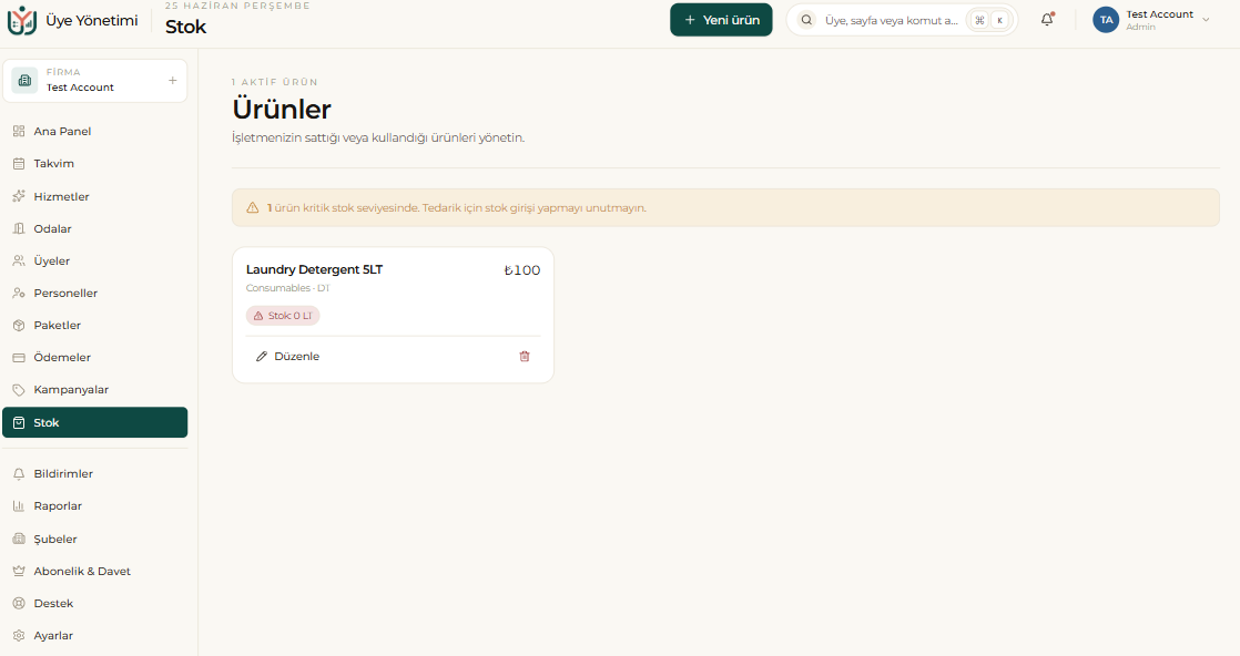 Stok (Envanter) sayfası: kritik stok uyarı şeridiyle ürün kartları