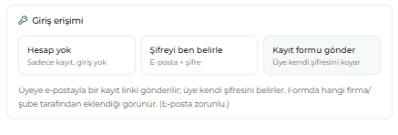 Giriş erişimi — “Kayıt formu gönder”: üye kendi şifresini e-postayla belirler